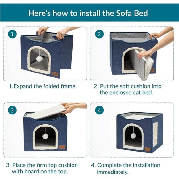 Cat Beds for Indoor Cats - Large Cat Cave for Pet Cat House with Fluffy Ball - Picture 3 of 6